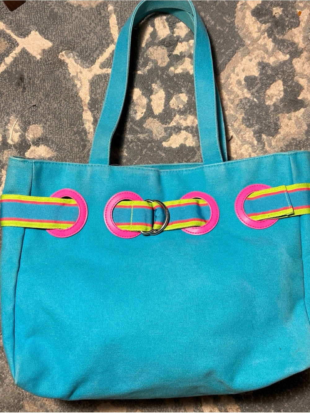 Ralph Lauren Turquoise Canvas Tote with Pink Ring Accents